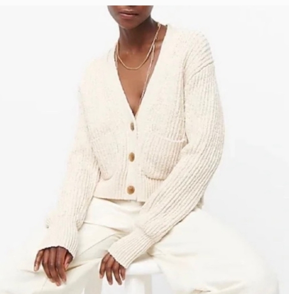J. Crew Sweaters - J.Crew Cropped Patch-Pocket Beach Cardigan Sweater 3X Cream Chunky Knit#0010